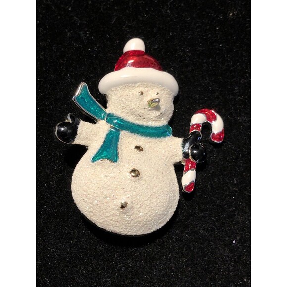 Vintage Brooch Enamel Snowman Candy Cane Pin Signed SFJ - Picture 1 of 6